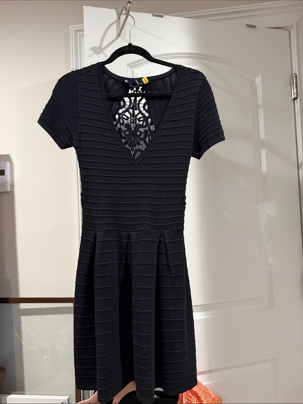 French Connection Black V-Neck Textured Fit-and-Flare Mini Dress